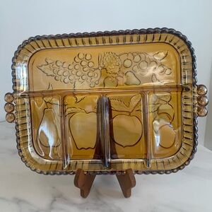 Vintage MCM Indiana Glass Amber Divided Serving Tray w/ Embossed Fruit